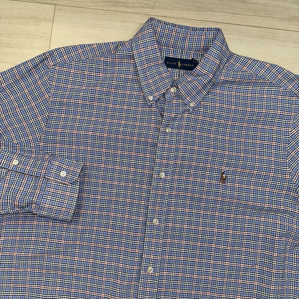 Polo Ralph Lauren Short Sleeve Plaid‎ Shirt Size XL Blue White Flesh Pony Preppy
